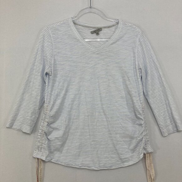 Lisa Todd size Small Blue White Striped Ruched Side Cotton Stretch V Neck Top - Picture 1 of 9